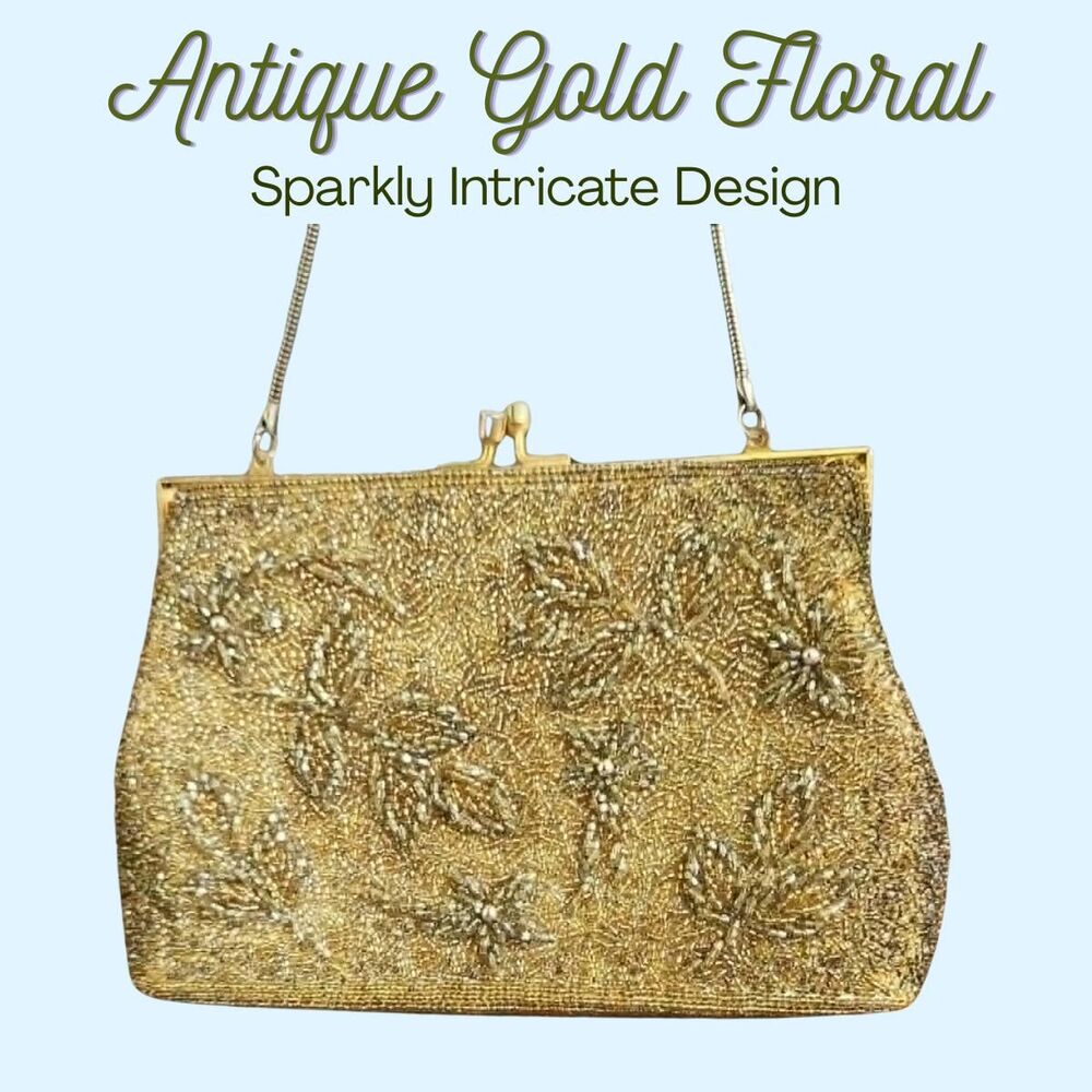 Antique Handbag Small Gold Crystal Microbead Clutch 1920s Purse Kiss Clasp